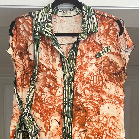 TRIBUNE STANDARD Orange and Green Botanical Sleeveless 100% Silk Dress - Size L. - Picture 7 of 16